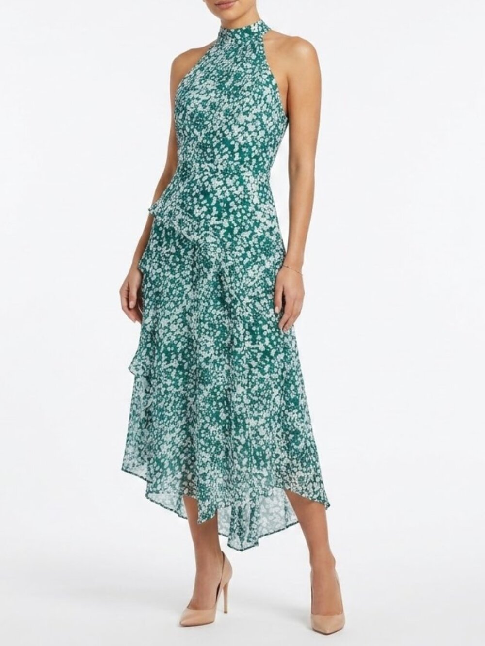 White House Black Market Whimsigoth Ruffle Halter High-Low Chiffon Dress 0